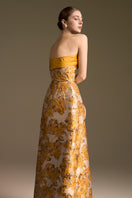 Yellow jacquard strapless ballgown with draped bow detail in agate silk by CULT MIA X I.H.F.