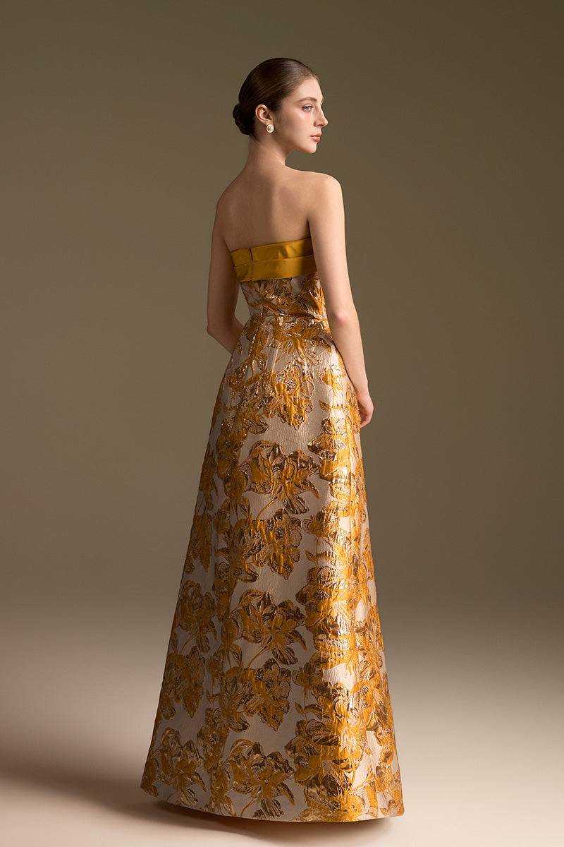 Yellow jacquard strapless ballgown with draped bow detail and agate silk fabric by I.H.F.