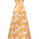 Yellow jacquard ballgown by I.H.F with strapless design, draped bow detail, crafted from agate silk fabric.