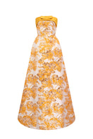 Yellow jacquard ballgown by I.H.F with strapless design, draped bow detail, crafted from agate silk fabric.