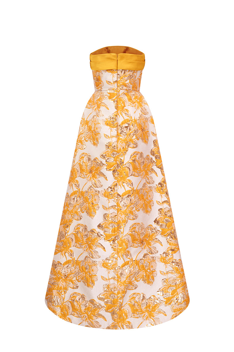 I.H.F CULT MIA X strapless yellow jacquard ballgown with draped bow detail and agate silk accents.