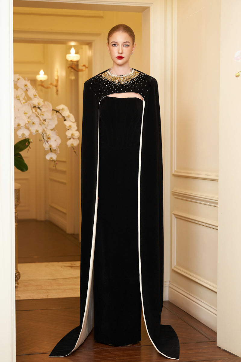 STRAPLESS BLACK VELVET CAPE GOWN - CULT MIA