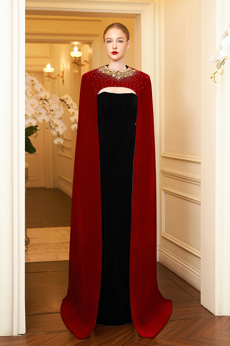 STRAPLESS RED VELVET CAPE GOWN - CULT MIA