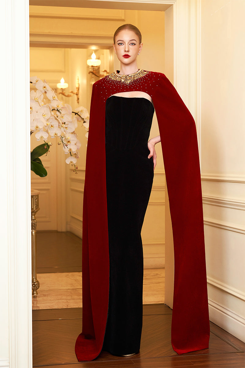 STRAPLESS RED VELVET CAPE GOWN - CULT MIA