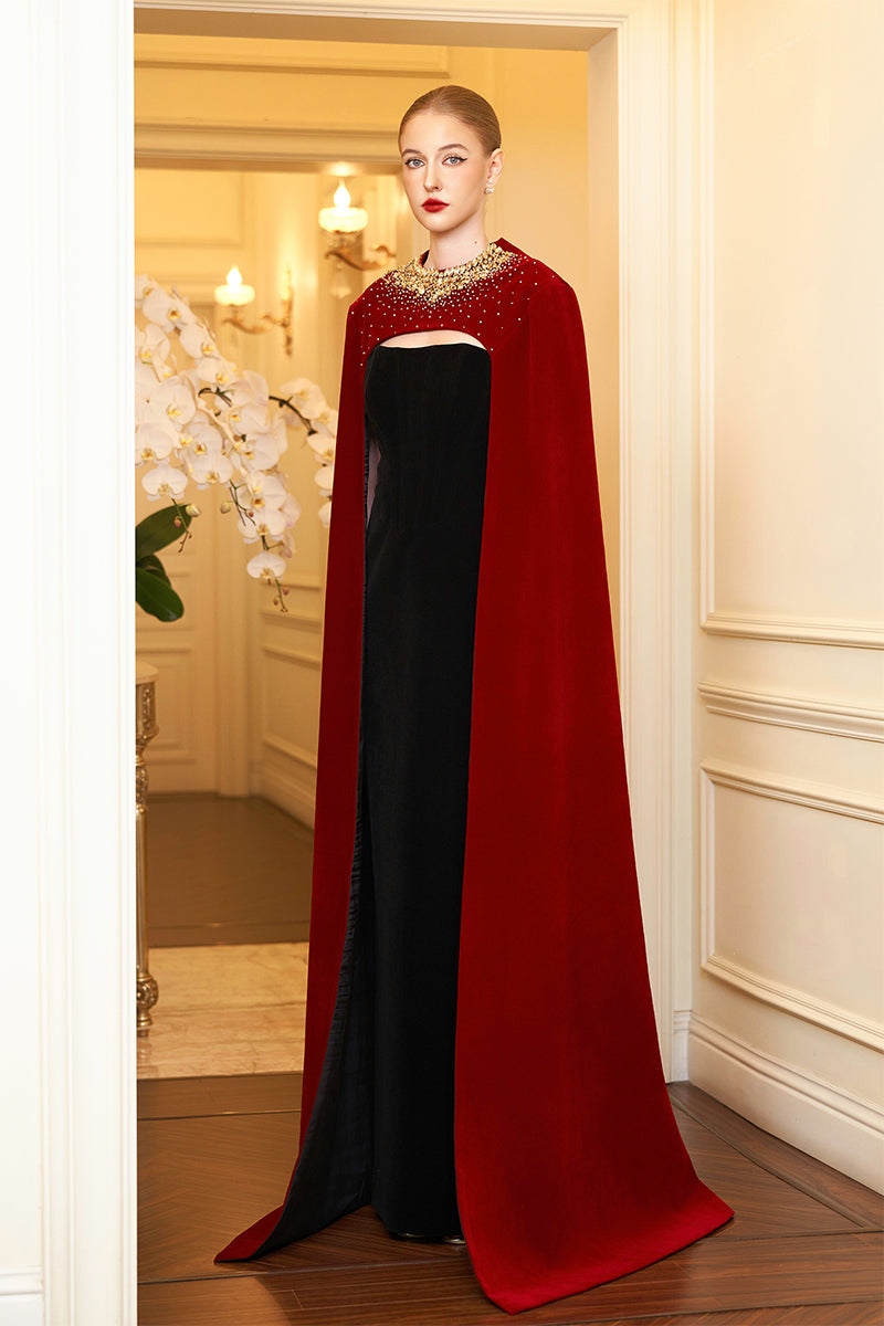 STRAPLESS RED VELVET CAPE GOWN - CULT MIA
