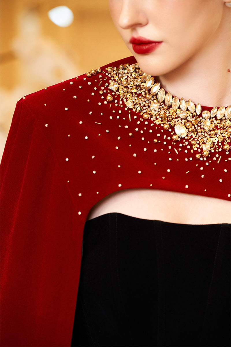 STRAPLESS RED VELVET CAPE GOWN - CULT MIA