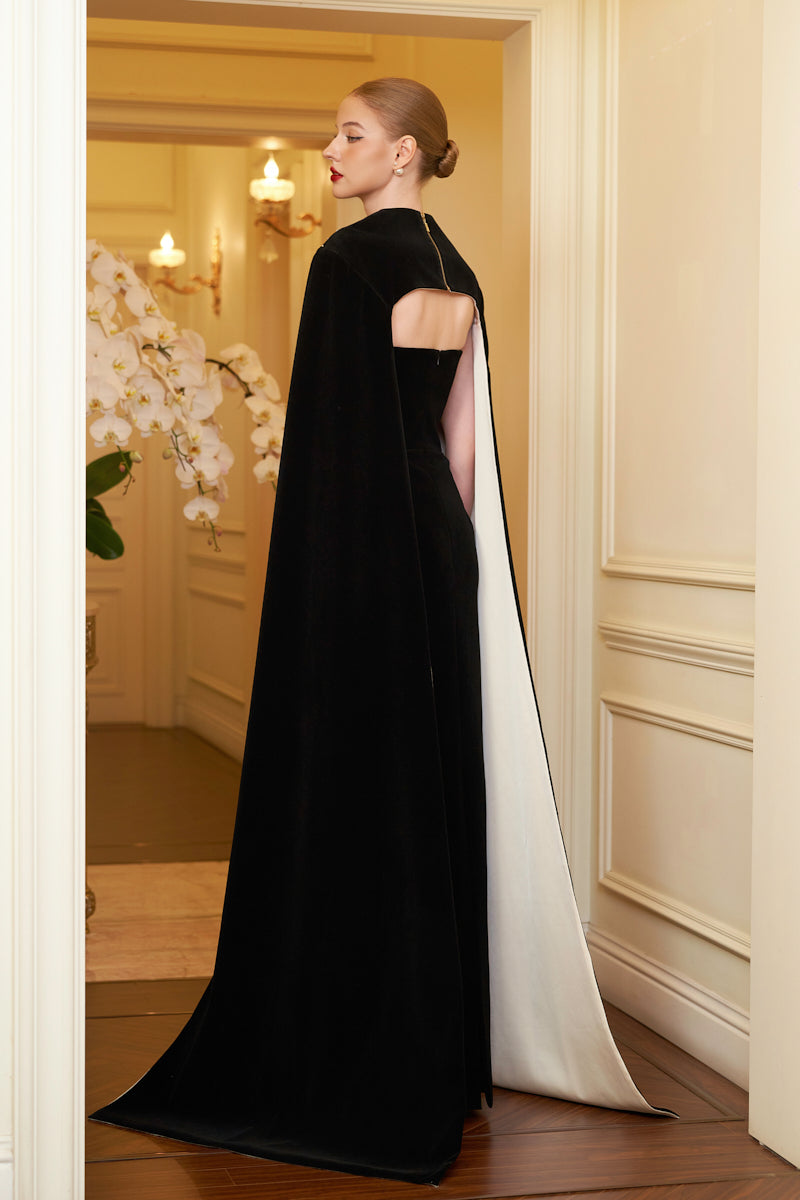 STRAPLESS BLACK VELVET CAPE GOWN - CULT MIA