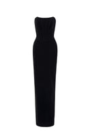 I.H.F ruby crepe and Lyon velvet strapless bustier column gown with a long matching cape for elegant evening wear.