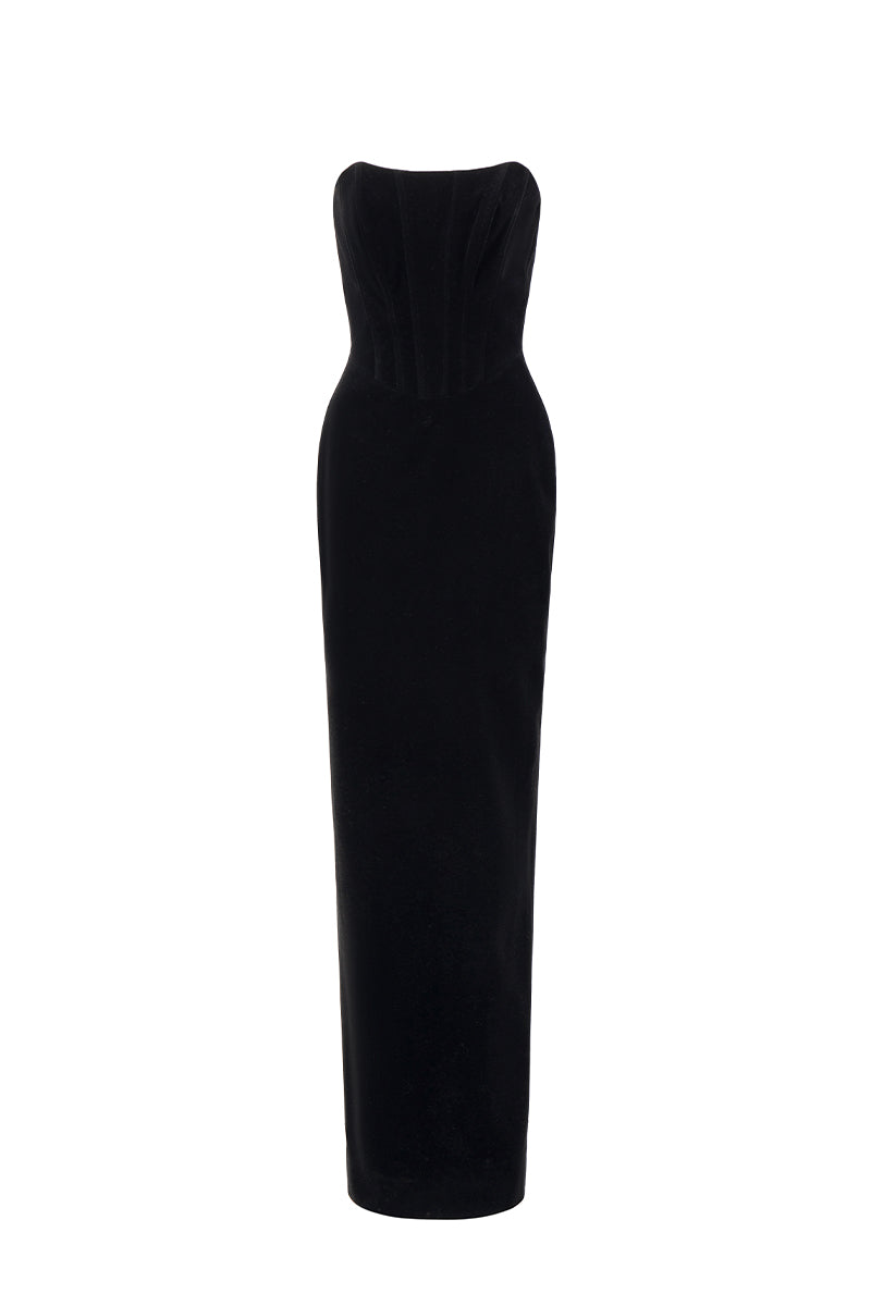 I.H.F ruby crepe and Lyon velvet strapless bustier column gown with a long matching cape for elegant evening wear.