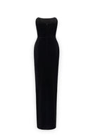 I.H.F Ruby crepe and Lyon velvet strapless gown with a bustier design and long cape for elegant evening wear.