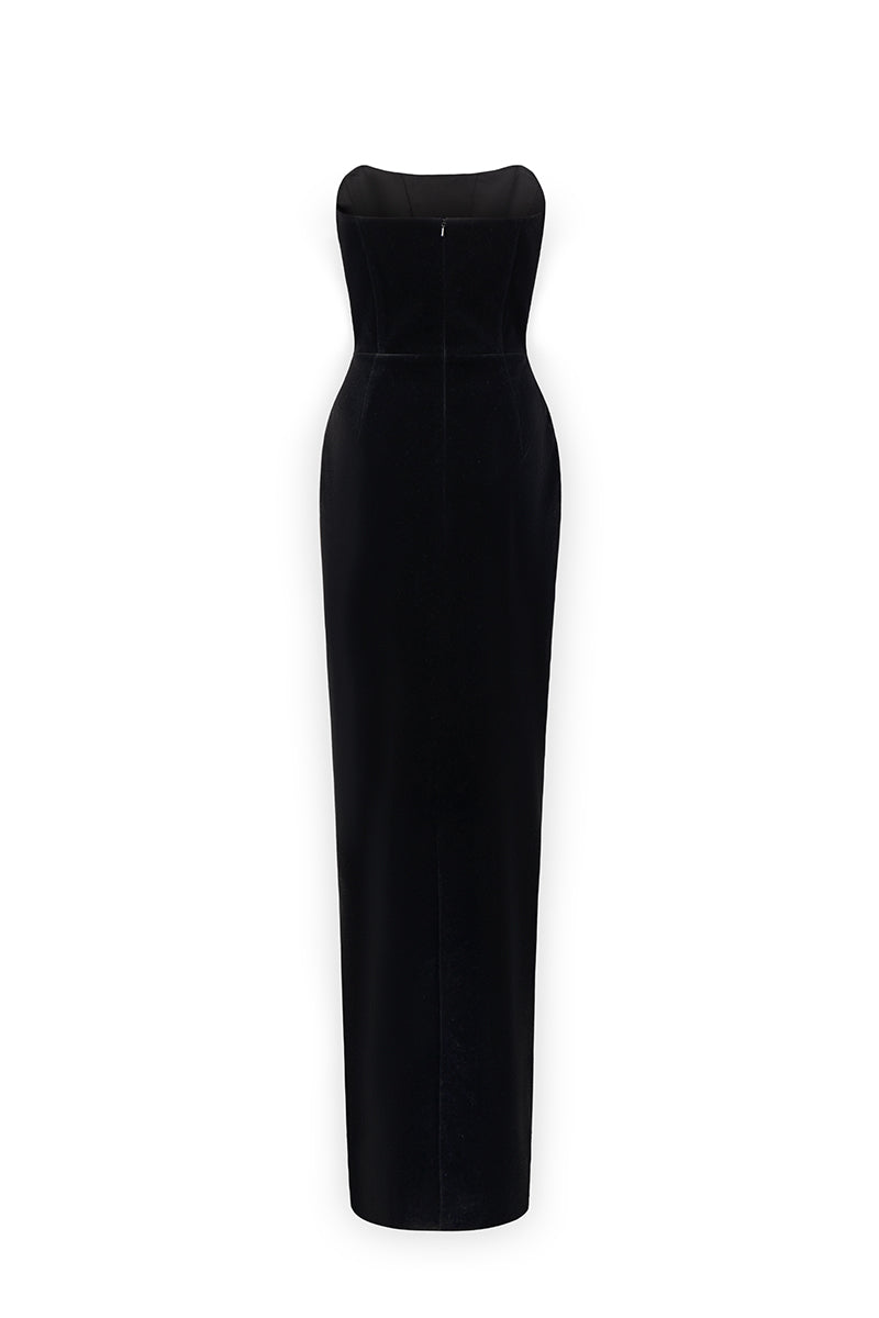 I.H.F Ruby crepe and Lyon velvet strapless gown with a bustier design and long cape for elegant evening wear.