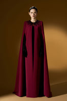 I.H.F ruby crepe and lyon velvet strapless gown with a bustier design and long cape, elegant evening dress.