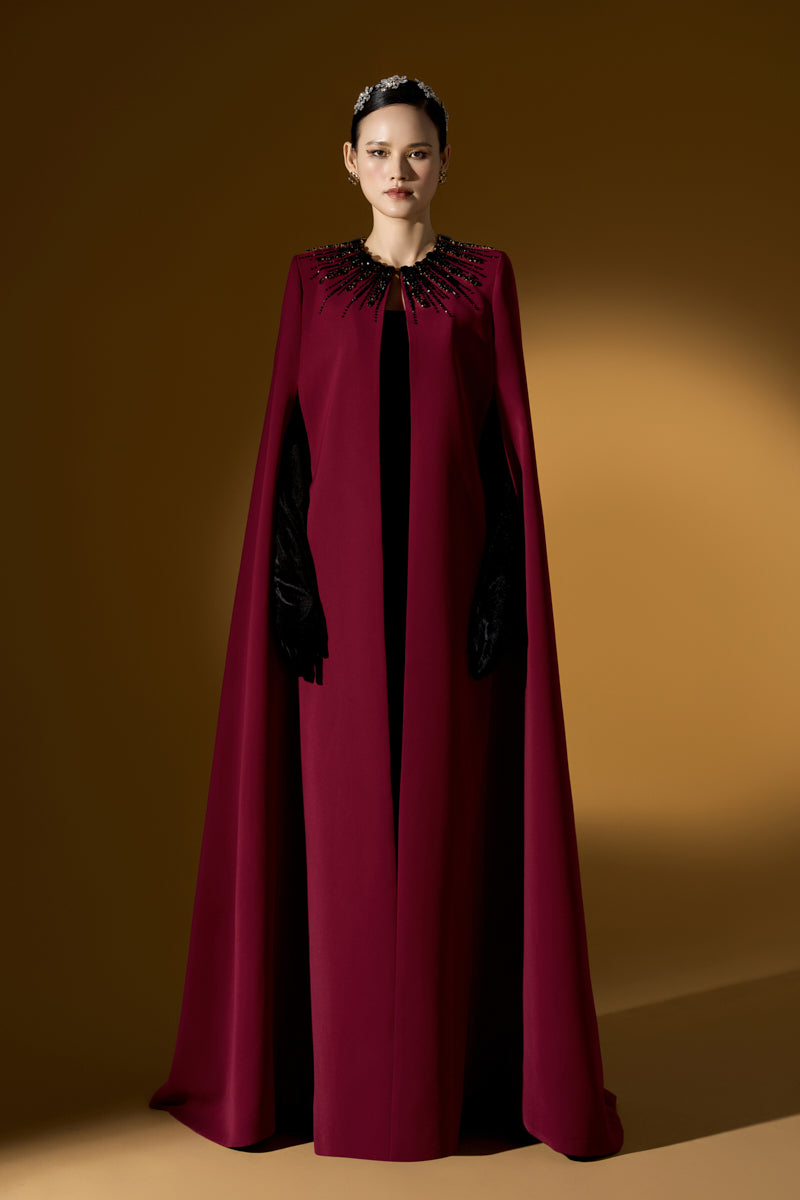 I.H.F ruby crepe and lyon velvet strapless gown with a bustier design and long cape, elegant evening dress.