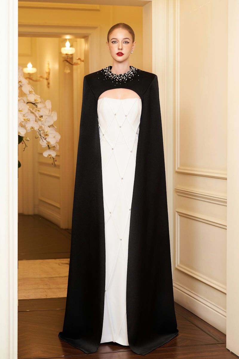 STRAPLESS COLUMN EVENING GOWN WITH BLACK CAPE - CULT MIA