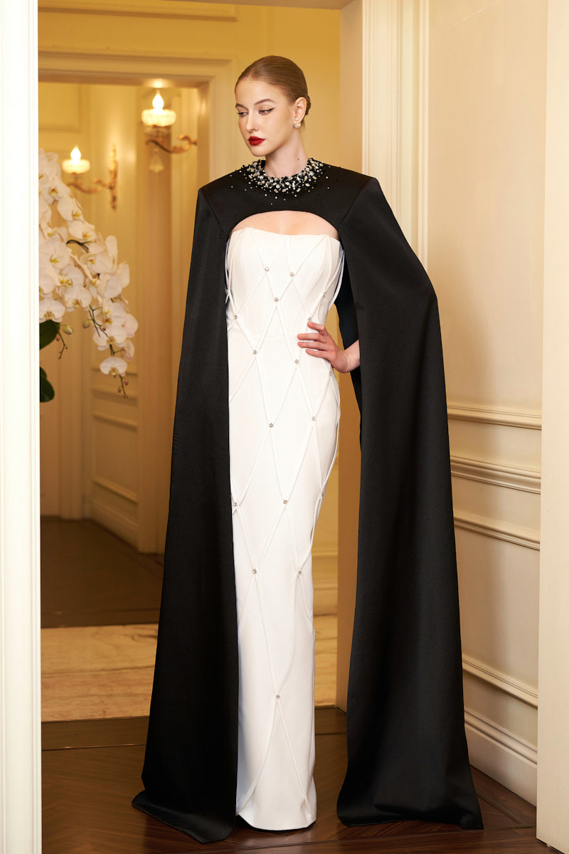 STRAPLESS COLUMN EVENING GOWN WITH BLACK CAPE - CULT MIA