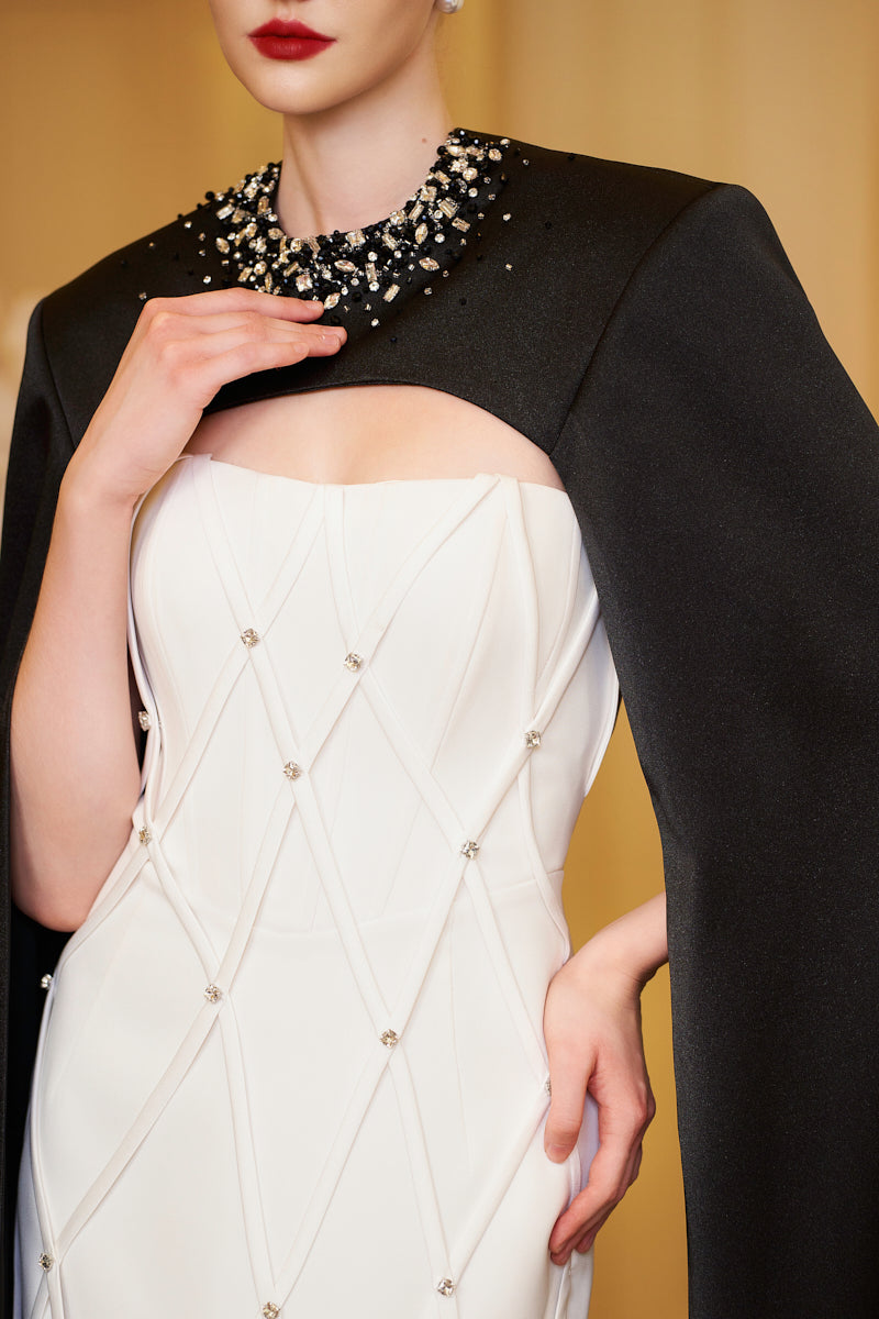 STRAPLESS COLUMN EVENING GOWN WITH BLACK CAPE - CULT MIA