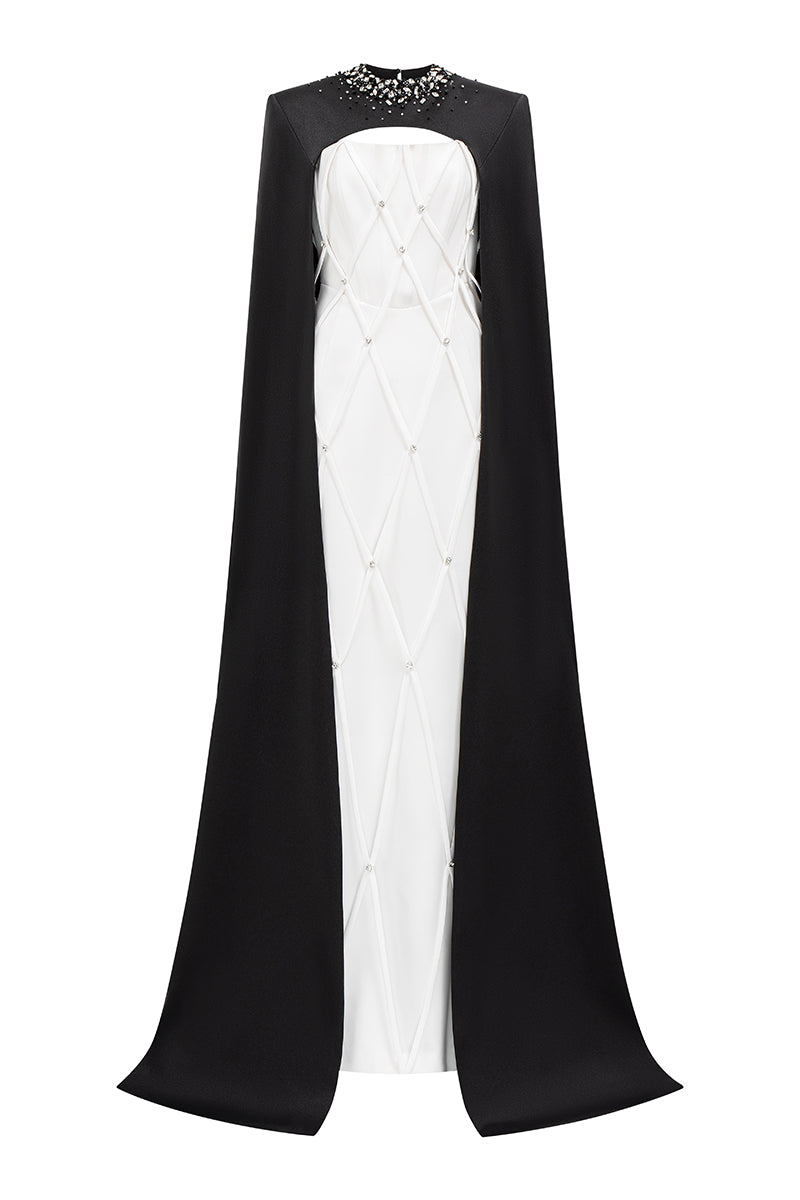 STRAPLESS COLUMN EVENING GOWN WITH BLACK CAPE - CULT MIA
