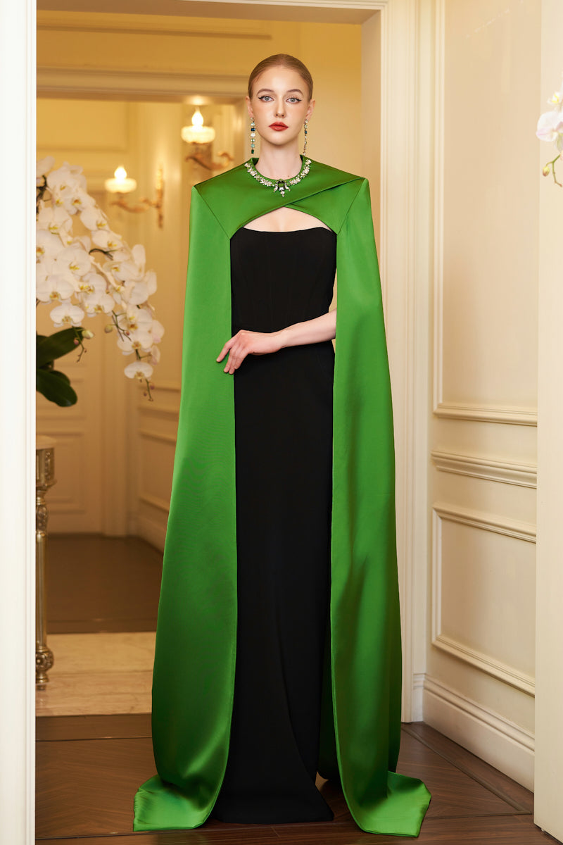 STRAPLESS COLUMN EVENING GOWN WITH GREEN CAPE - CULT MIA