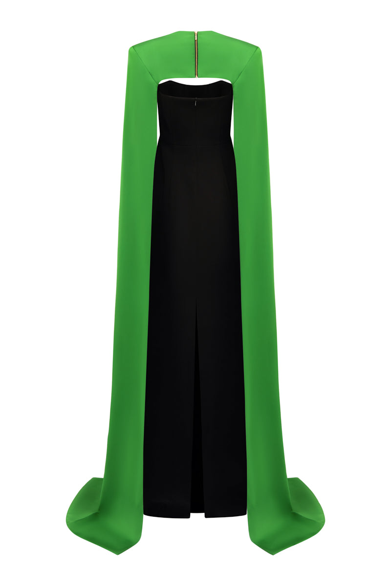 STRAPLESS COLUMN EVENING GOWN WITH GREEN CAPE - CULT MIA