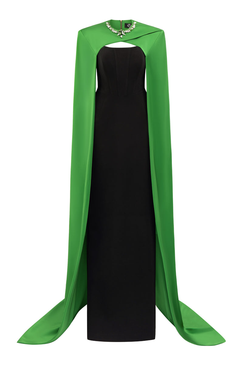 STRAPLESS COLUMN EVENING GOWN WITH GREEN CAPE - CULT MIA
