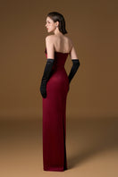 Red silk-lined strapless bustier column gown by I.H.F, showcased in a sleek, elegant design perfect for formal occasions.