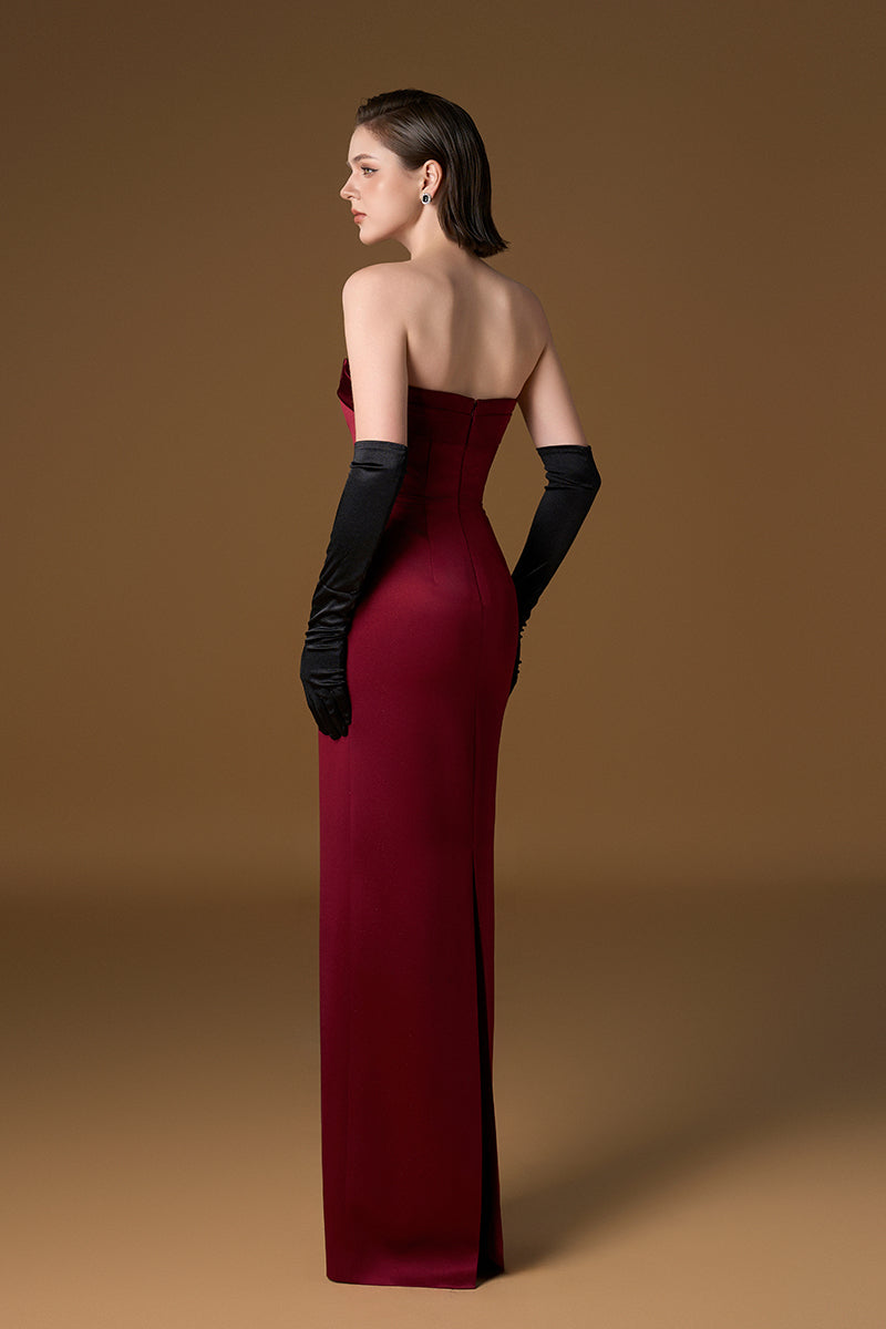 Red silk-lined strapless bustier column gown by I.H.F, showcased in a sleek, elegant design perfect for formal occasions.