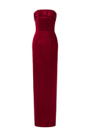 Red ANAMAYA crepe silk lined gown by I.H.F featuring a strapless bustier design and a sleek column silhouette.