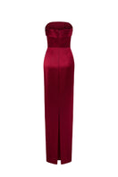 Red ANAMAYA crepe silk lined gown by I.H.F, strapless bustier column style with elegant drape and smooth fabric.