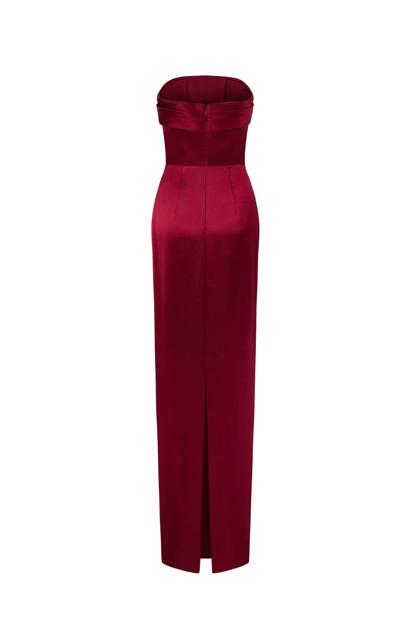 Red ANAMAYA crepe silk lined gown by I.H.F, strapless bustier column style with elegant drape and smooth fabric.