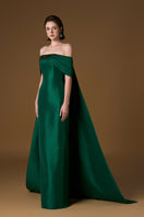 Green I.H.F taffeta silk-lined gown featuring a strapless bustier, column silhouette, and draped off-shoulder details.
