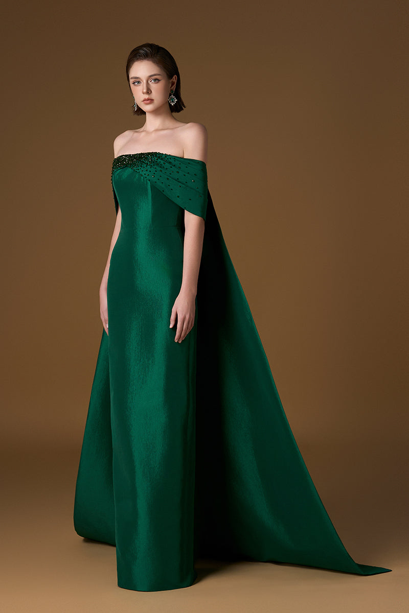 Green I.H.F taffeta silk-lined gown featuring a strapless bustier, column silhouette, and draped off-shoulder details.