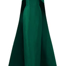 Green I.H.F taffeta silk-lined strapless bustier gown with draped off-shoulder details and a column silhouette.