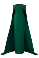 Green I.H.F taffeta silk-lined strapless bustier gown with draped off-shoulder details and a column silhouette.