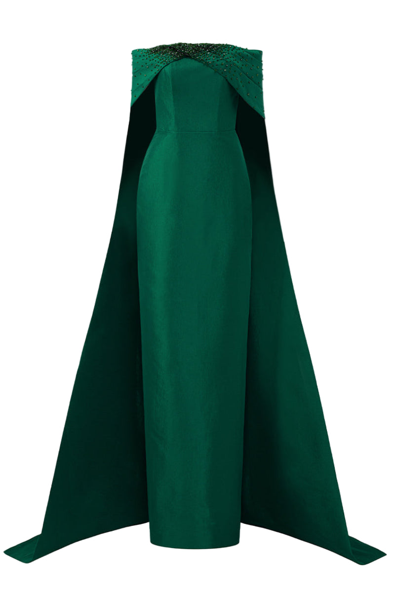 Green I.H.F taffeta silk-lined strapless bustier gown with draped off-shoulder details and a column silhouette.