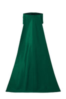 I.H.F green taffeta silk-lined strapless bustier gown with draped off-shoulder details and a column silhouette.