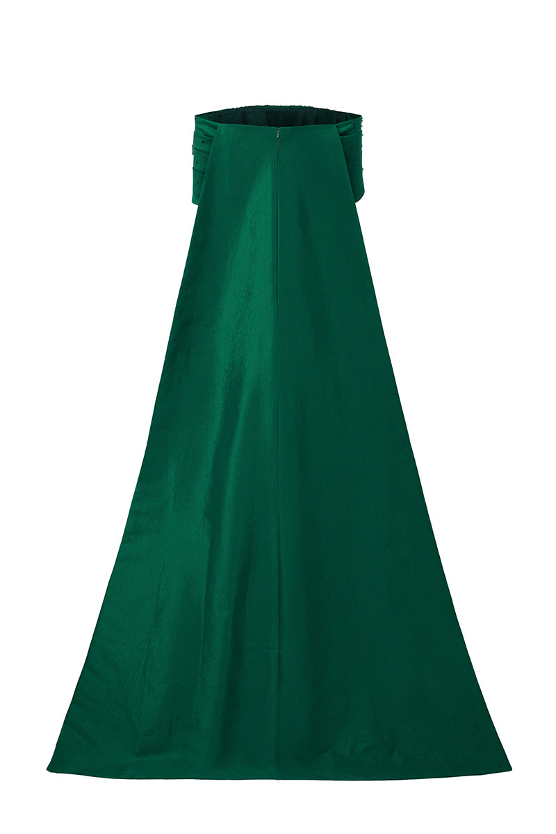 I.H.F green taffeta silk-lined strapless bustier gown with draped off-shoulder details and a column silhouette.
