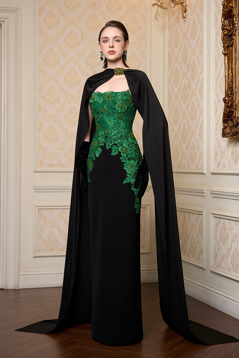 dark green cape dress Dark Green A-Line Lace Appliques Chiffon Prom Dress