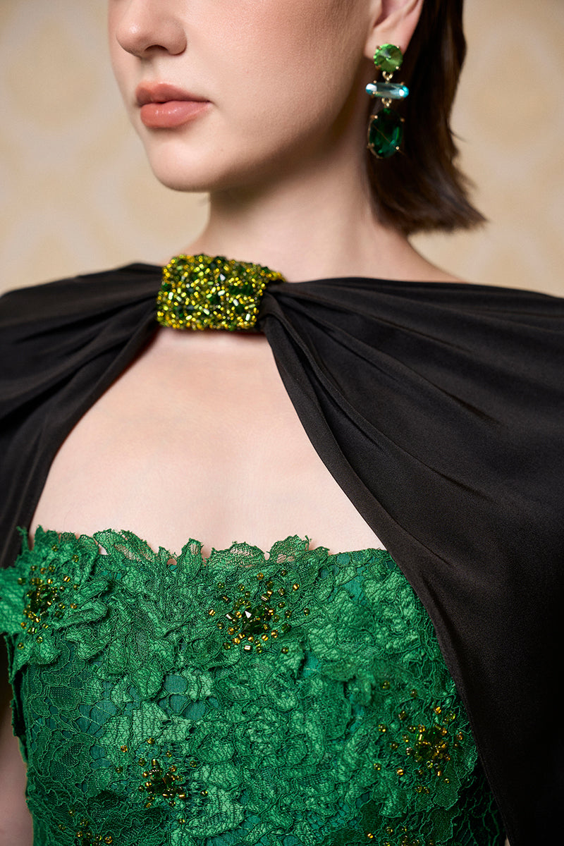 black dress with green jewelry Green Gem Prom Dress Black Girl Metallic Jewelry Ornament Beadeds Evening Gowns