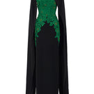 Dark green strapless column gown with a long matching cape, featuring elegant French lace and black crepe fabric by I.H.F.
