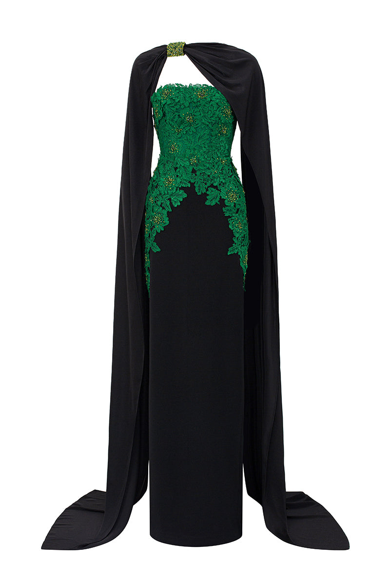 STRAPLESS COLUMN GOWN WITH LONG CAPE IN DARK GREEN