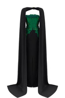 Dark green strapless column gown with a long cape, featuring French lace and black crepe fabric by I.H.F.