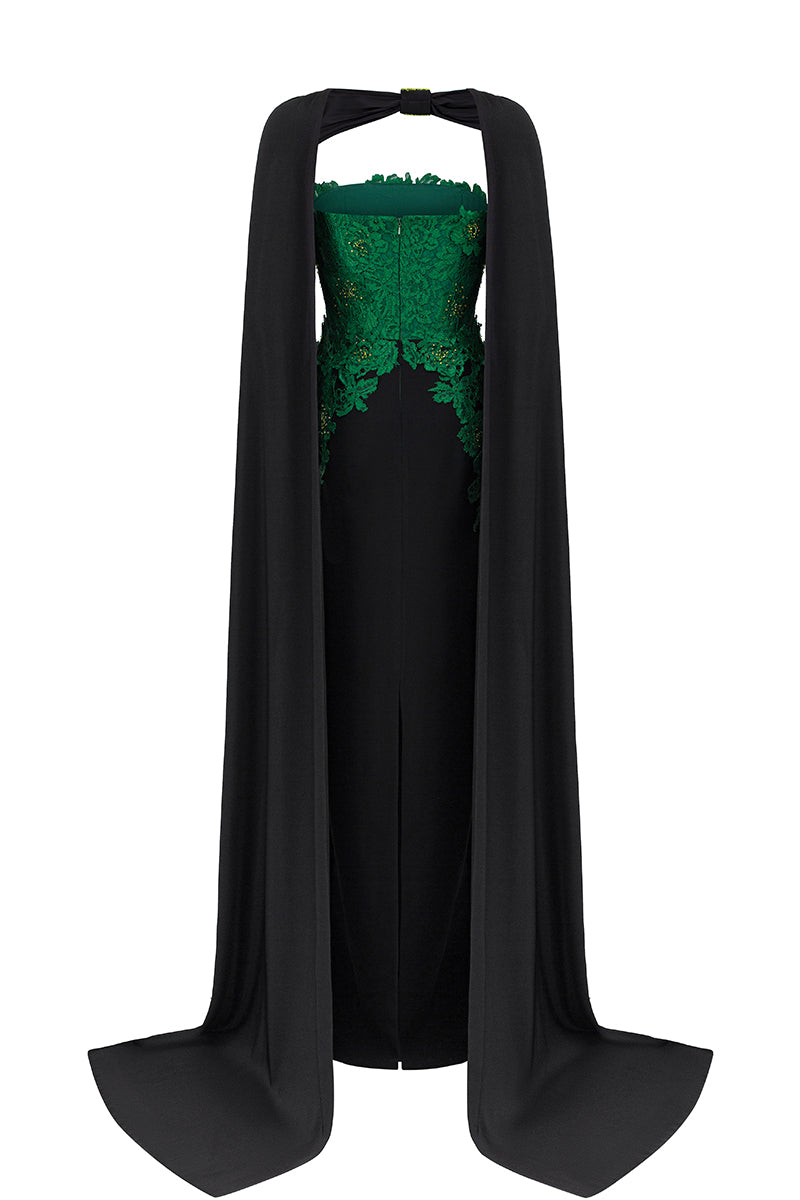 Dark green strapless column gown with a long cape, featuring French lace and black crepe fabric by I.H.F.