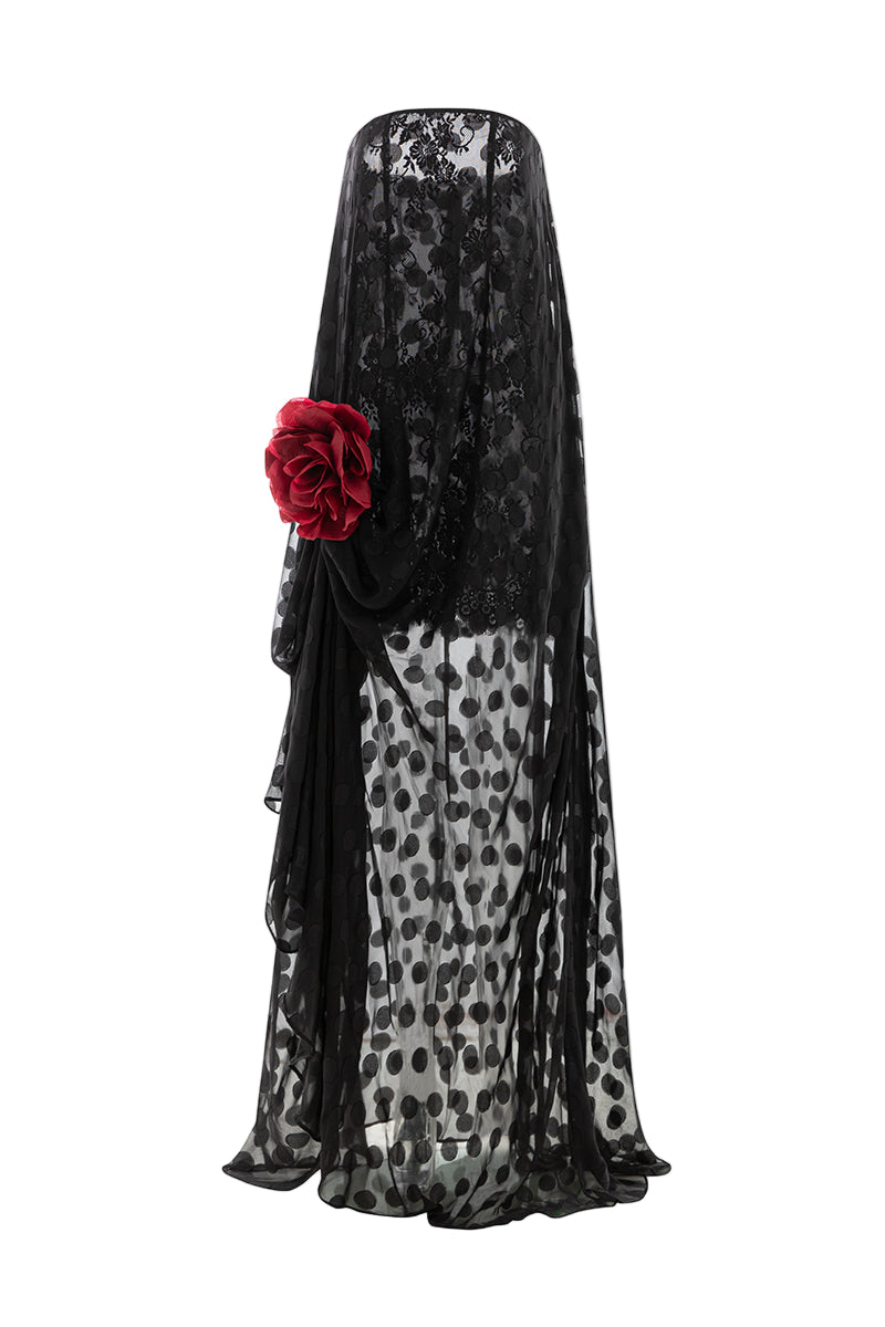 STRAPLESS SEMI-SHEER MESH MAXI IN BLACK