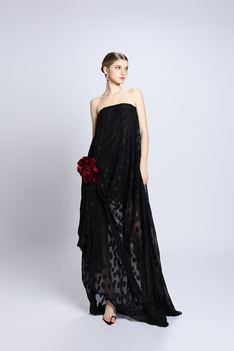 STRAPLESS SEMI-SHEER MESH MAXI IN BLACK