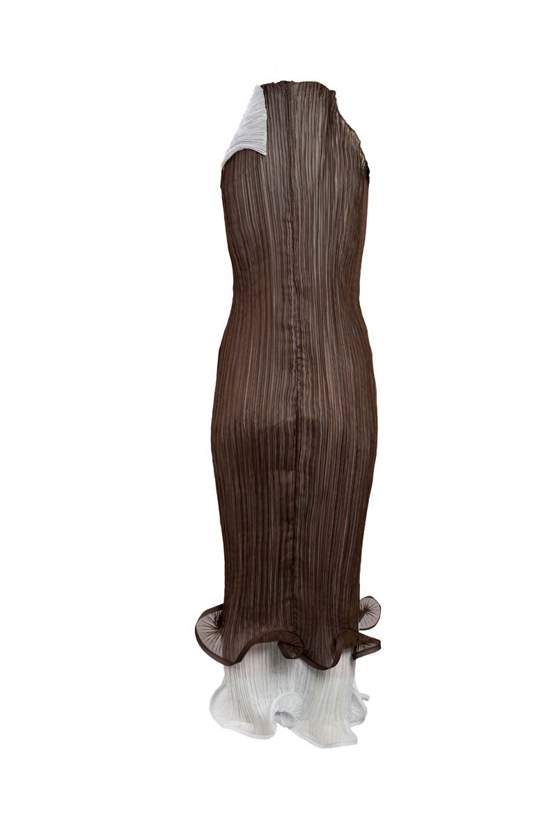 YASSMIN SALEH Strata Dress in brown midi style with ghost back design, featuring elegant, flowing fabric and stylish silhouette.