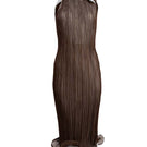 YASSMIN SALEH Strata Dress in brown midi style, featuring a ghost-front design for a chic and elegant look.
