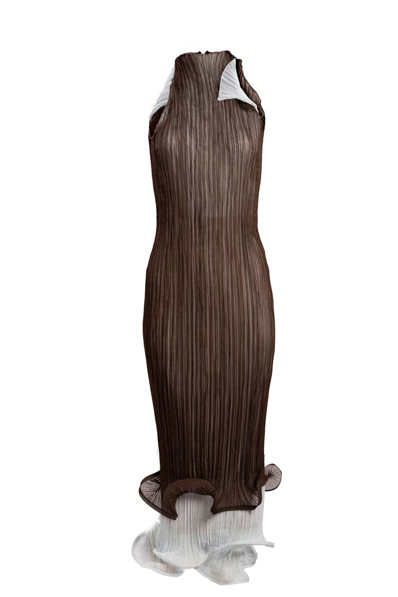 YASSMIN SALEH Strata brown midi dress with ghostly front design, stylish and elegant for versatile wear