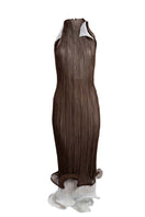 YASSMIN SALEH Strata Dress in brown midi style, featuring a ghost-front design for a chic and elegant look.