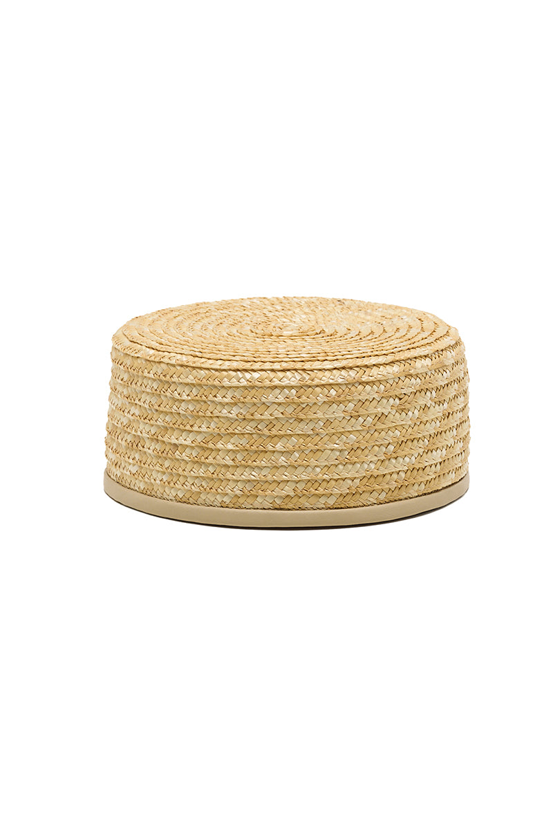 Natural straw pillbox hat by LE SH KA, featuring a classic compact design with a narrow brim, perfect for stylish summer wear.