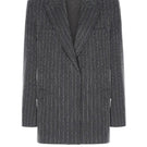 Gray striped Jacques blazer by Montsand, tailored fit blazer with classic pattern, shown on a hanger.